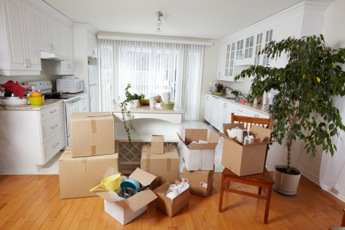 Professional movers carrying furniture near Acton flats